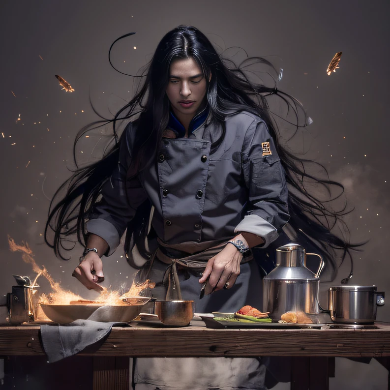 Full body male chef 32К（tшедевр，к HD，гипер HD，32К）длинные распущенные черные волосы，Место для кемпинга，цвести， цвет， Патриот （каньоны）， （Льняной шарф батик）， Боевая поза， глядя на землю， Льняная бандана， Одежда с длинными рукавами и узором китайского питона， （Абстрактная гуашь：1.2）， Темные облака молния фон，Мучные мухи（реалистично：1.4），Черный цвет волос，Мука развевается，Фоновый туман， Высокое разрешение， деталь， RAW-фотограф， острый ре， Фотопленка Nikon D850. Фотография Джеффриса Ли 4. Камера Kodak Portra 400 F1..6 выстрелов, насыщенные цвета, Ультрареалистичные яркие текстуры, драматическое освещение, Тенденция Unreal Engine Art Station, Синестир 800，Распущенные черные волосы,（（（Мужчина-шеф-повар）））С закрытыми глазами