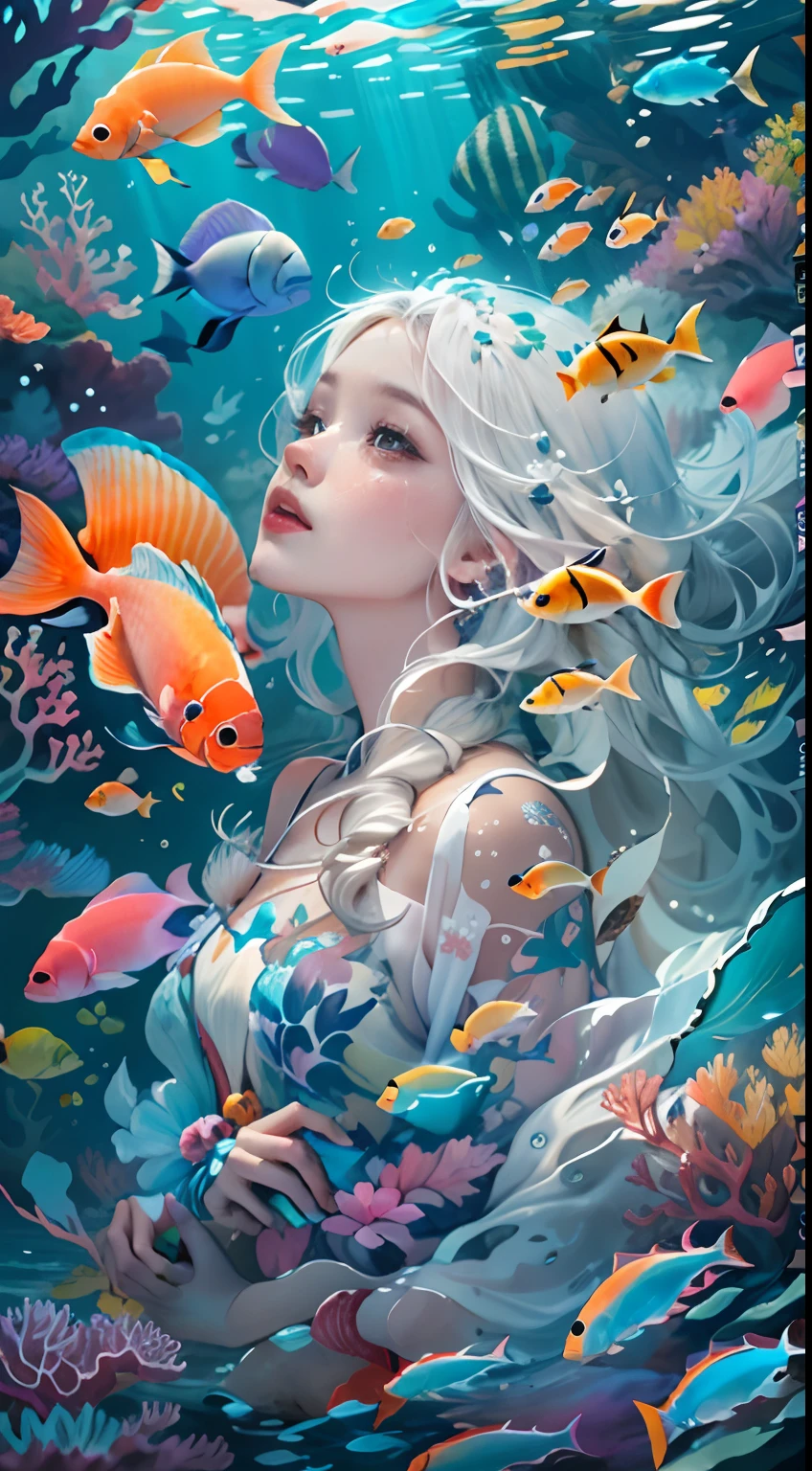 Conceptual art of marine life, Undersea landscape, Marine life，Beautiful coral reefs come in different shapes, 。.。.3D，, Fish, Female animated fantasy illustration. Long white hair scattered in the sea, Drift, Very harmonious. The whole painting adopts a messy and imaginative painting style. The colors are bright and saturated, line sleek. The mystery and beauty of the ocean, The painting depicts an underwater world full of life and vitality, Animated art wallpaper 8 K