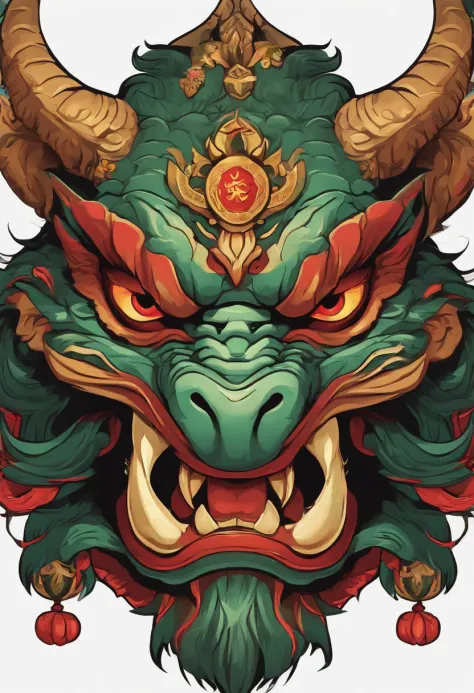 Sticker illustration on white background, Goblin face painting in the shape of a dragon, Qiu Tianwang, Painting in the oriental style, Tengu Mask, Demon Samurai Mask, Asura in Chinese mythology, Bold contour style, Jagged edges, Front Painting, recycle bin...