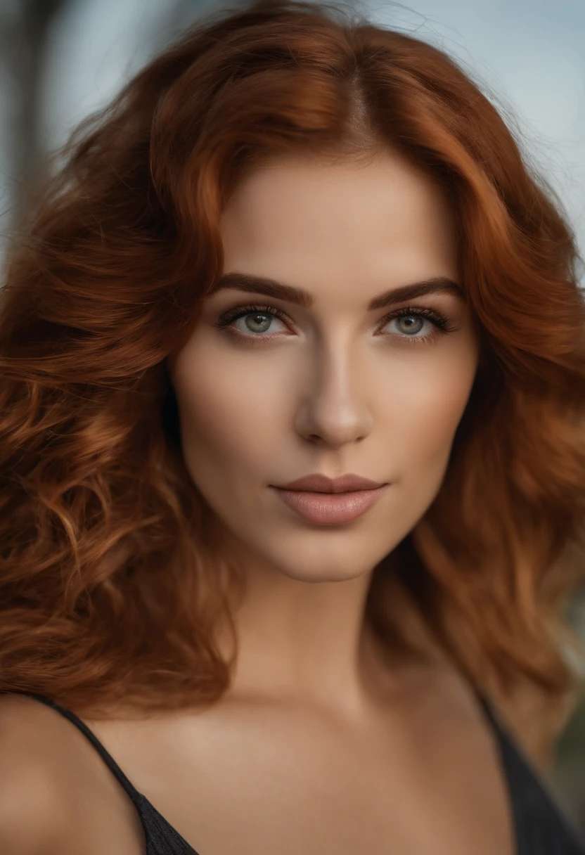 A close up of a woman with red hair and a black top - SeaArt AI