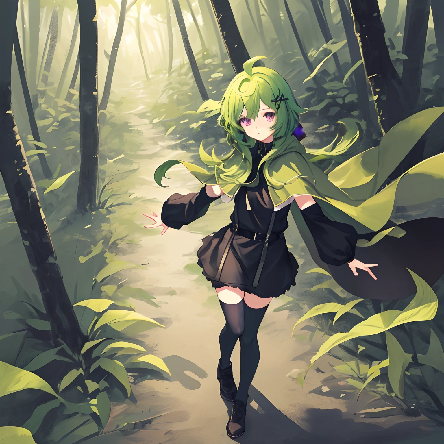 1girll, Solo, Green hair, upper legs, Purple eyes, green capelet, brown thighhighs, cloaks, hair adornments, ahoge,Black dress,Dress backless miniskirt, (No coat)，(Bare arms and arms), Collet walked around the forest looking for something