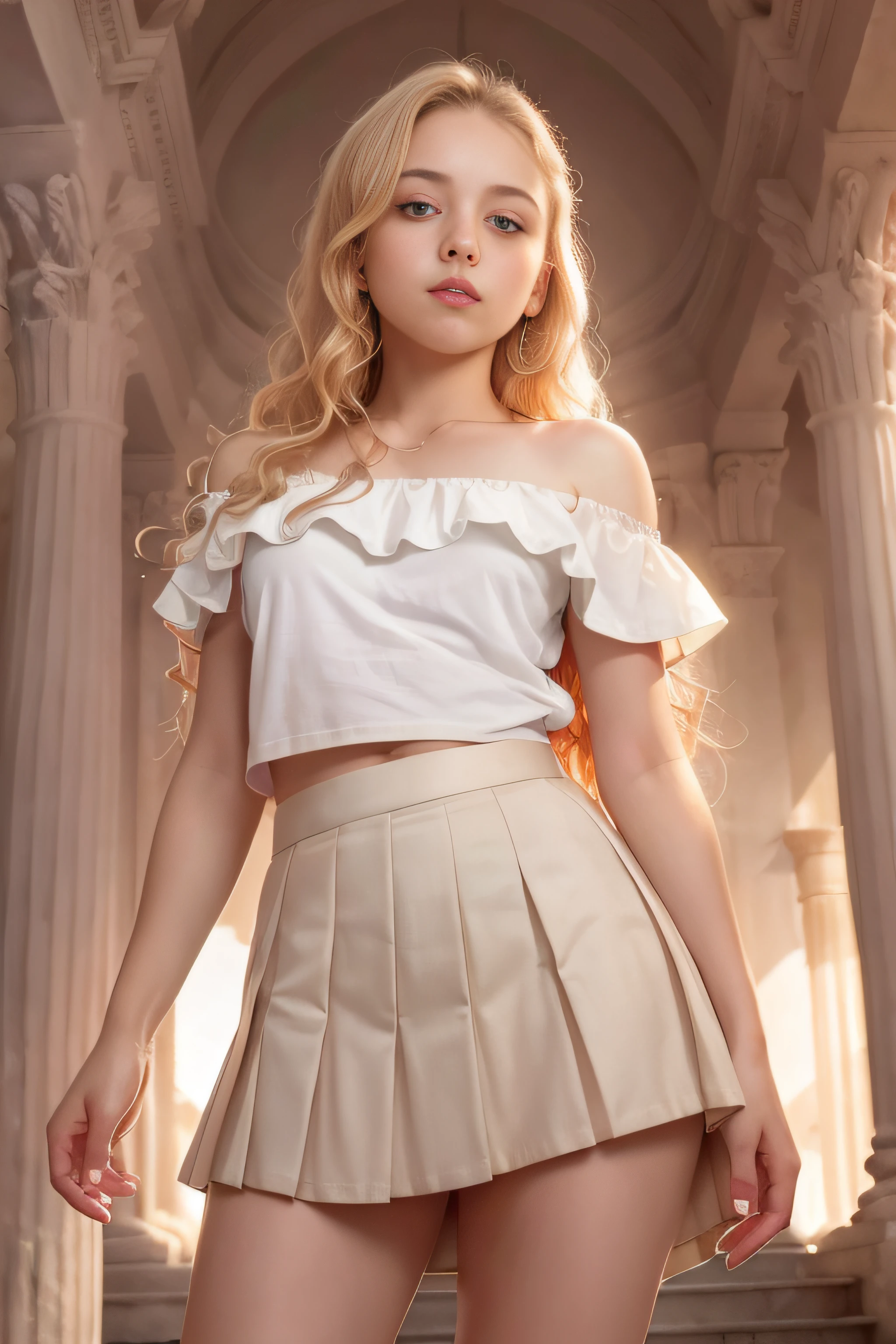 ((European pre-teen)), beautiful girl, off-the-shoulder t-shirt, tiny pleated skirt, no panties, close-up from thighs to face, shot from below, very fair skin, very long hair, wavy hair, blonde hair, temple ancient, sunrise, photorealistic, indirect lighting, volumetric light, ray tracing, hyper-detailed, best quality, ultra-high resolution, HDR, 8k