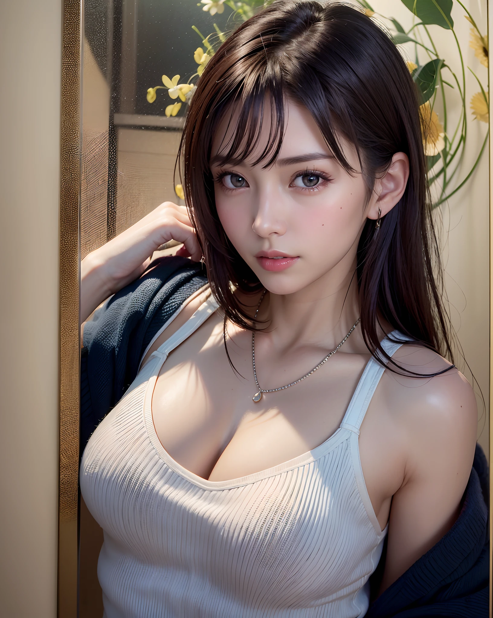 (in 8K, top-quality, ​masterpiece:1.2), (realisitic, Photorealsitic:1.37), ultra-detailliert, Natural sunlight, mideum breasts, I can see the cleavage, 1 persons, 25 year old woman, Dark hair, Pendants, Torn shorts, Light Knit V-Neck Shirt, At the time of performance, extremely detailed face and skin, A detailed eye, extremely detailed face and skin