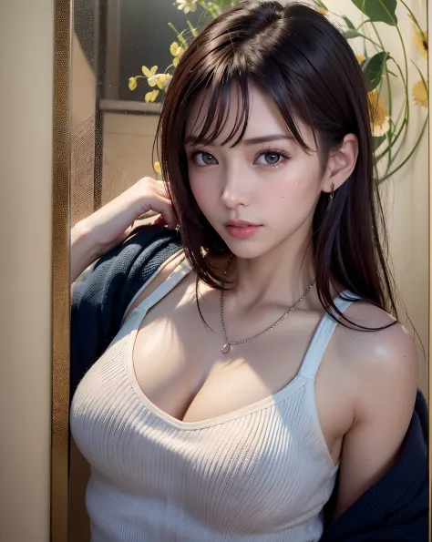 (in 8K, top-quality, ​masterpiece:1.2), (realisitic, Photorealsitic:1.37), ultra-detailliert, Natural sunlight, mideum breasts, I can see the cleavage, 1 persons, 25 year old woman, Dark hair, Pendants, Torn shorts, Light Knit V-Neck Shirt, At the time of ...