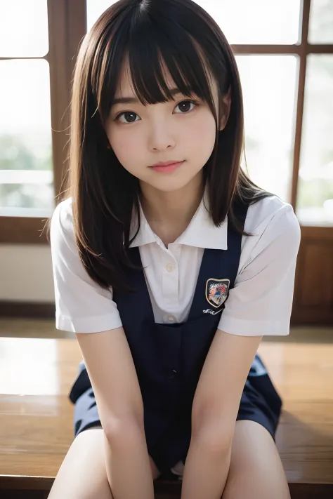 masutepiece, Best Quality, 8K, 15 year old, small tits、((Big eyes))、Raw photo, absurderes, award winning portrait, Smile, Solo, Daytime, Idol face, Delicate girl, Upper body, Digital SLR, Looking at Viewer, Candid, Sophisticated, Thin arms, soft light rays...