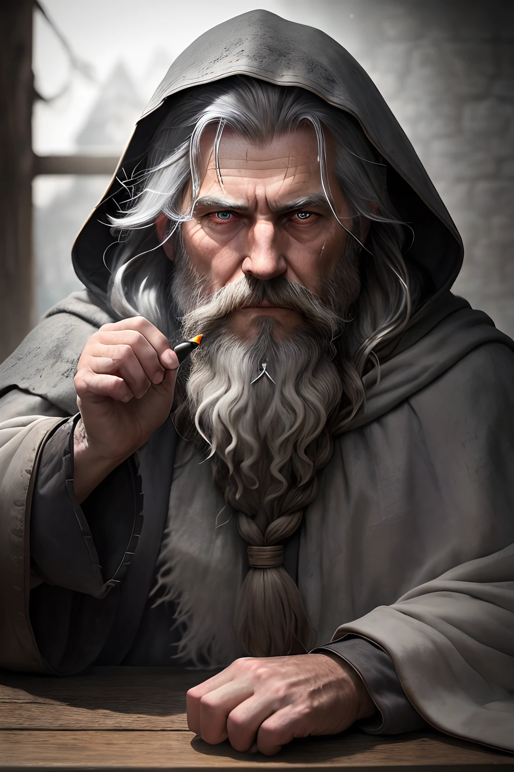 photo, old evil hermit, medieval, piercing_deep-set_eyes, wrinkled face, dark_stichted_cloak, (dramatic lighting:1.25), (shadowy background:1.2), (dirty_ unkempt_gray_hair:1.2), (long_shaggy_beard:1.3), (faded colors:1.1), (sharp focus:1.1), (shadows:1.2), (subtle HDR:1.3), (realistic skin texture:1.25), (detailed hair:1.2),  (gritty texture:1.1), (cinematic look:1.2), (powerful pose:1.3), (blush:0.5), (goosebumps:0.5), subsurface scattering, detailed_grey_eyes