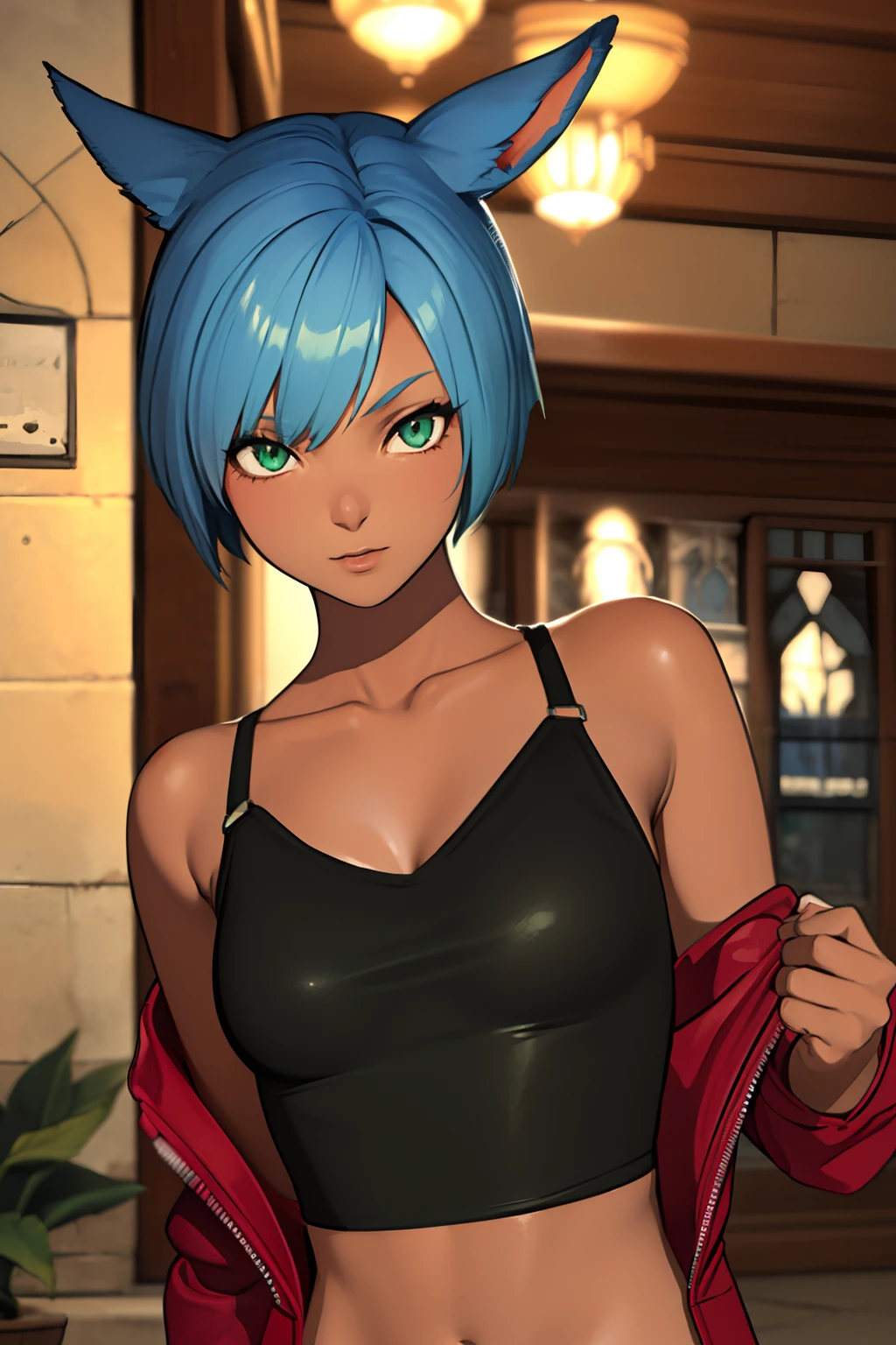 (masutepiece:1.2, Best Quality, Photo Real Stick), 1girl, radhy_shamar \(ffxiv\), (Cool Beauty), pixie cut, Blue hair, cat ears, cat tail:1.2, ((no-human ears:1.2, no-pinted ears:1.2)), light-cyan eyes, middlebreasts, ((black camisole:1.4, green leather-jaket:1.4)), red mini-skirt, ((Face Close-up:1.2, Face Focus:1.2, Looking at Viewer, Upper body)), Smile lightly without opening your mouth, fantasy background,