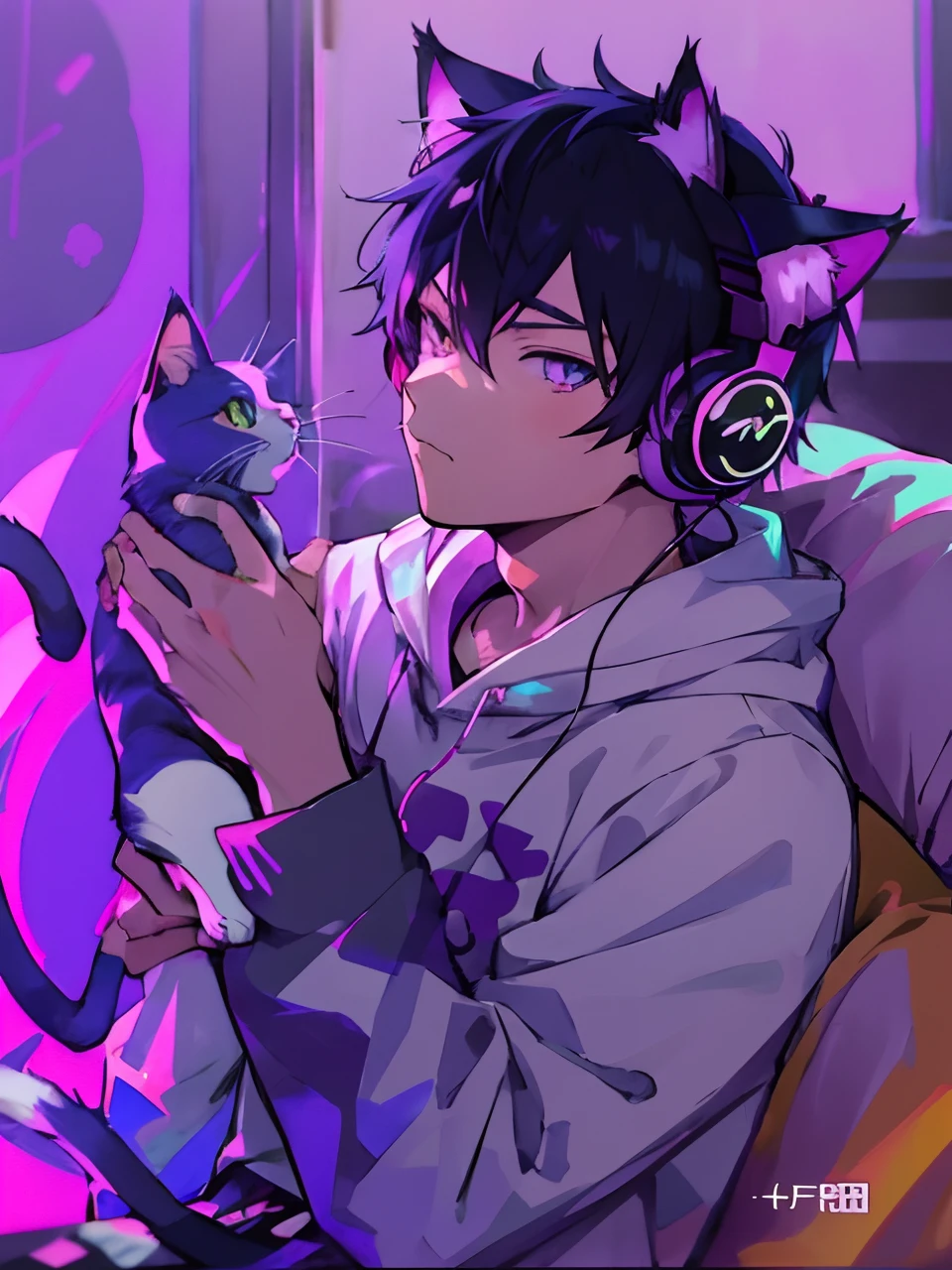 Anime guy with headphones holding a cat and listening to music - SeaArt AI