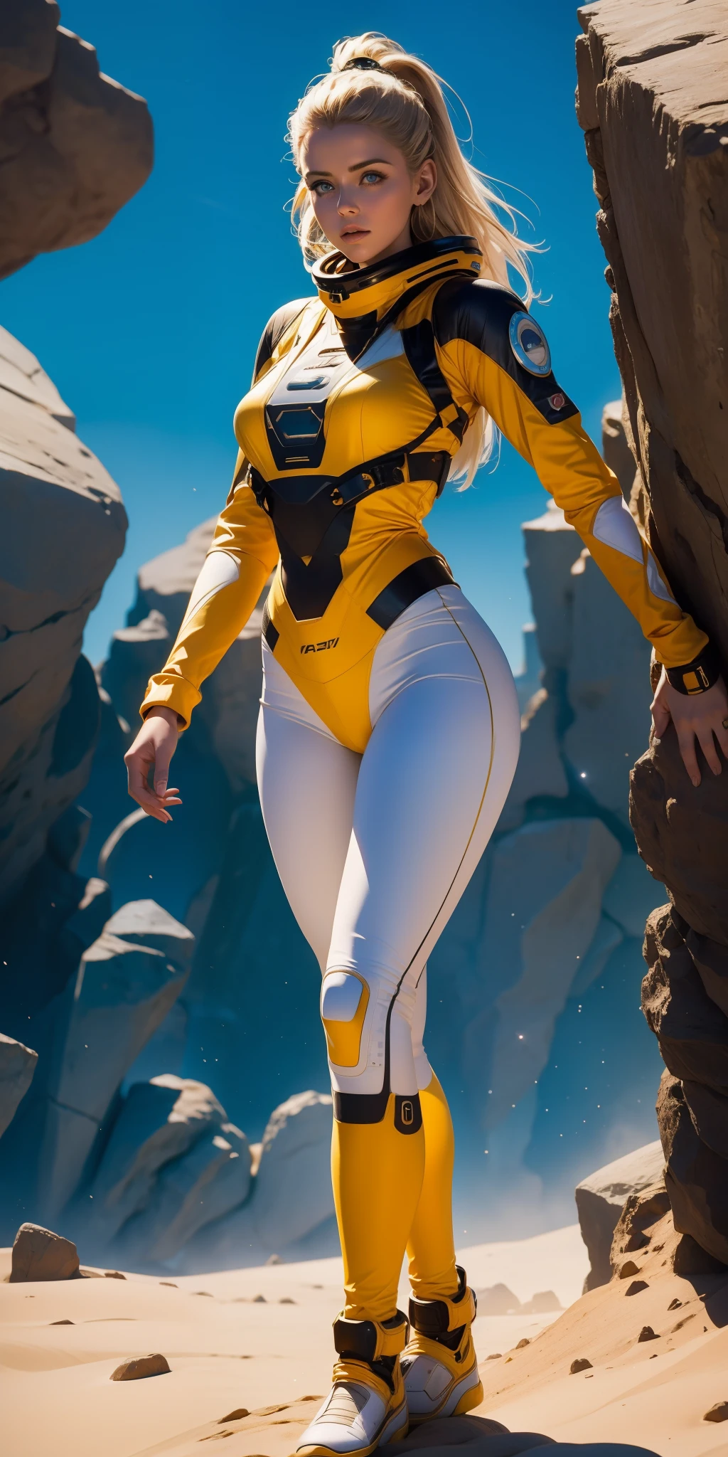 A woman in a spacesuit wearing a spacesuit with a space cap standing next to an asteroid, art trends, realistic female faces, delicate and good-looking faces, matte art, single yellow, looks a bit like Amy Adams, red desert Mars, Kylie Minogue as Barbarella, Ian Hubert's style, map Patreon, vivid colors, valerian, teethless, full body view