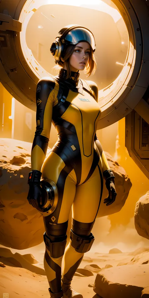 a woman in a spacesuit wearing a spacesuit with a space cap standing next to an asteroid, art trends, realistic female faces, de...