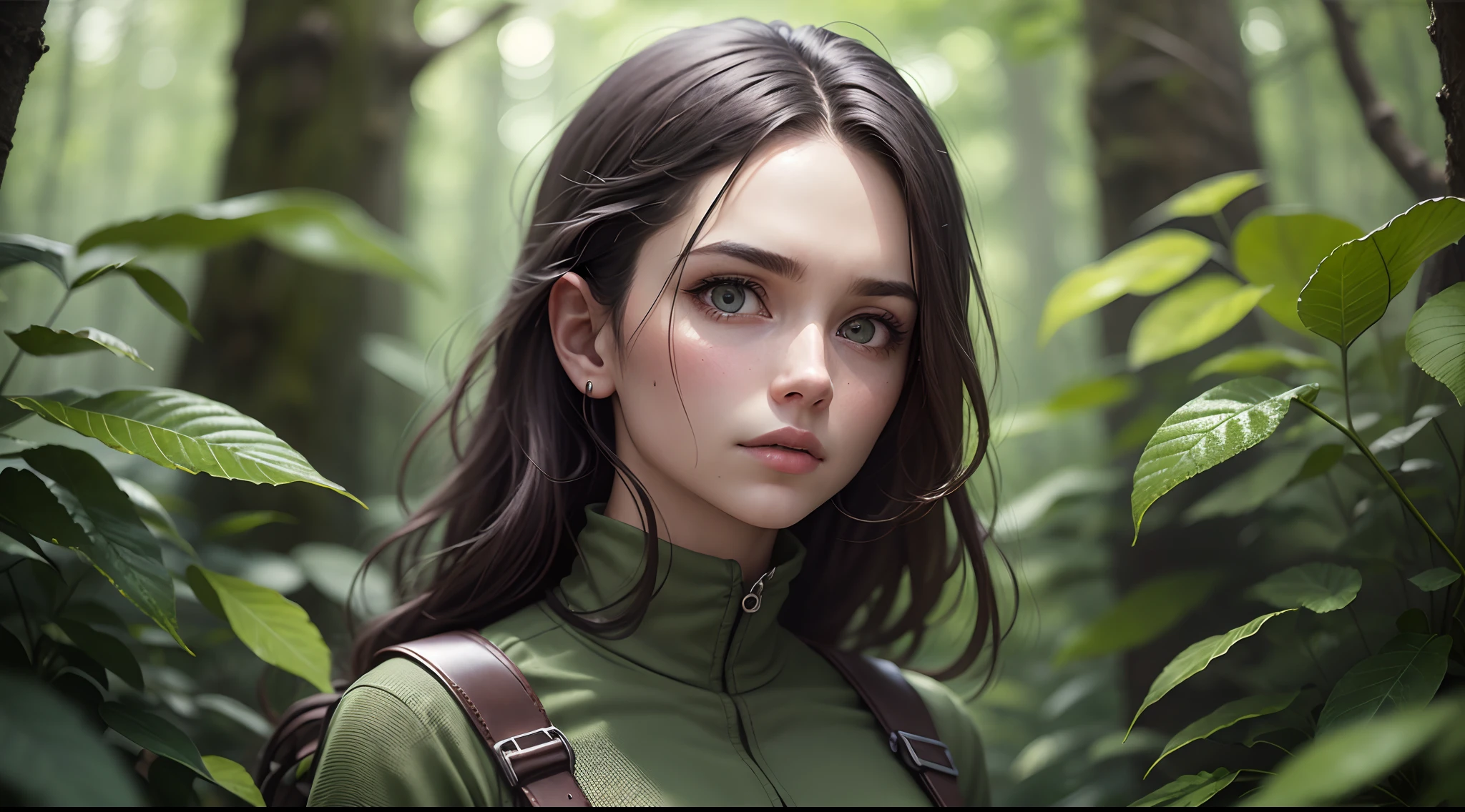 a young  beautiful woman in her mid-20s, stands alone on the edge of the Whispering Woods. She possesses an air of quiet determination, a stark contrast to the looming darkness of the forest that surrounds her. she has a lithe and athletic build,Hair: Dark, wavy locks frame her face and cascade down to her shoulders. dressed in practical, earth-toned clothing that blends seamlessly with the forest surroundings. She wears durable brown or olive-green pants that provide  of movement for her outdoor pursuits. Her long-sleeved shirt is made from breathable, moisture-wicking material, a testament to her preparedness for the elements. Her attire is accented with sturdy leather gloves, providing protection as she navigates through the dense foliage.Her eyes are a striking shade of hazel, reflecting a mix of curiosity and apprehension. the forest is dark and has a negative atmosphere