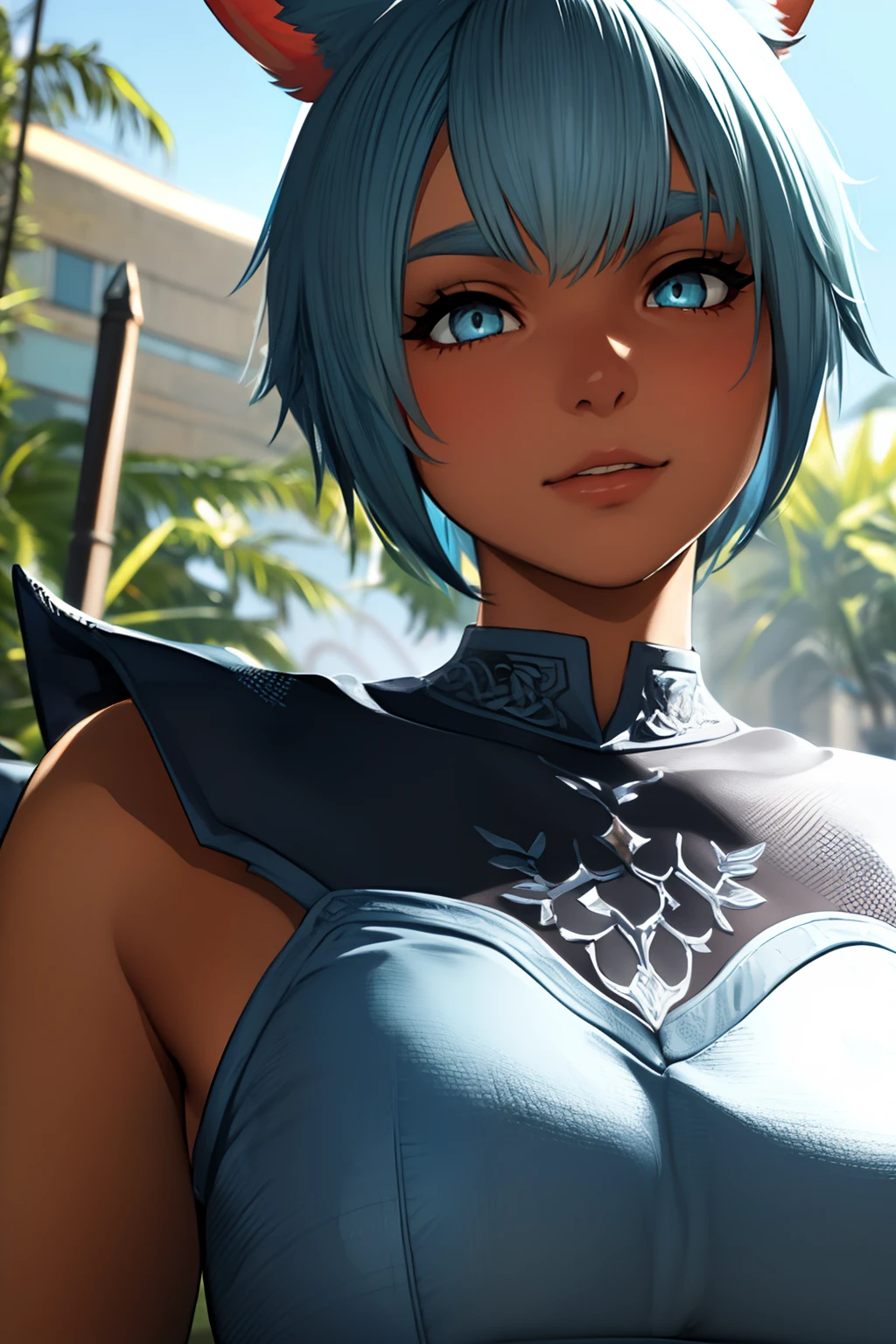 (masutepiece:1.2, Best Quality, Photo Real Stick), 1girl, radhy_shamar \(ffxiv\), (Cool Beauty), pixie cut, Blue hair, cat ears, cat tail:1.2, ((no-human ears:1.2, no-pinted ears:1.2)), light-cyan eyes, middlebreasts, ((armor:1.4)), ((Face Close-up:1.2, Face Focus:1.2, Looking at Viewer, Upper body)), Smile lightly without opening your mouth, fantasy background,