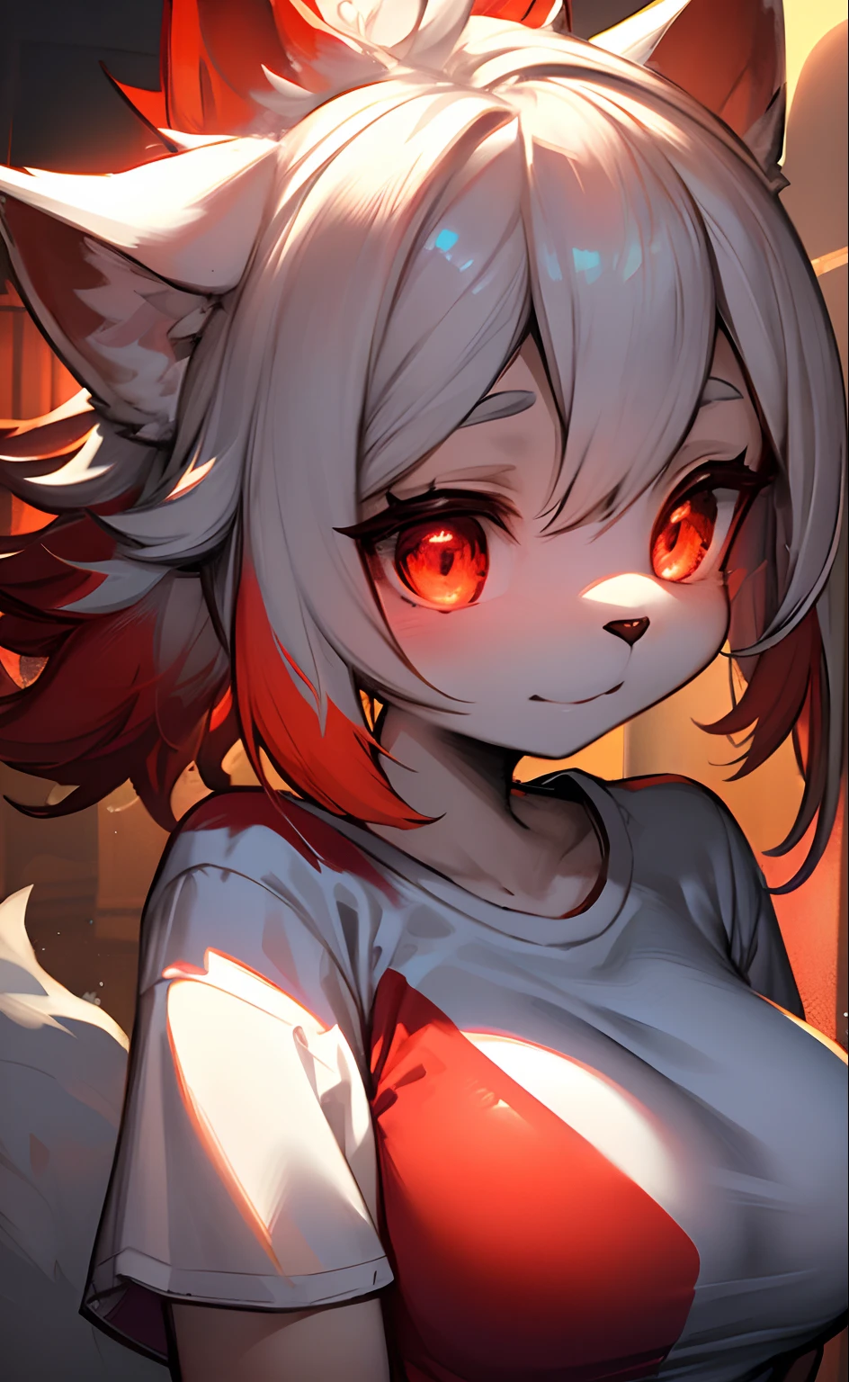 furry, white fur, ultra cute face, red elements on fur, breasts, glowing t-shirt, beautiful lights and shadows, ambient light, ultra detailed fur, volumetric light