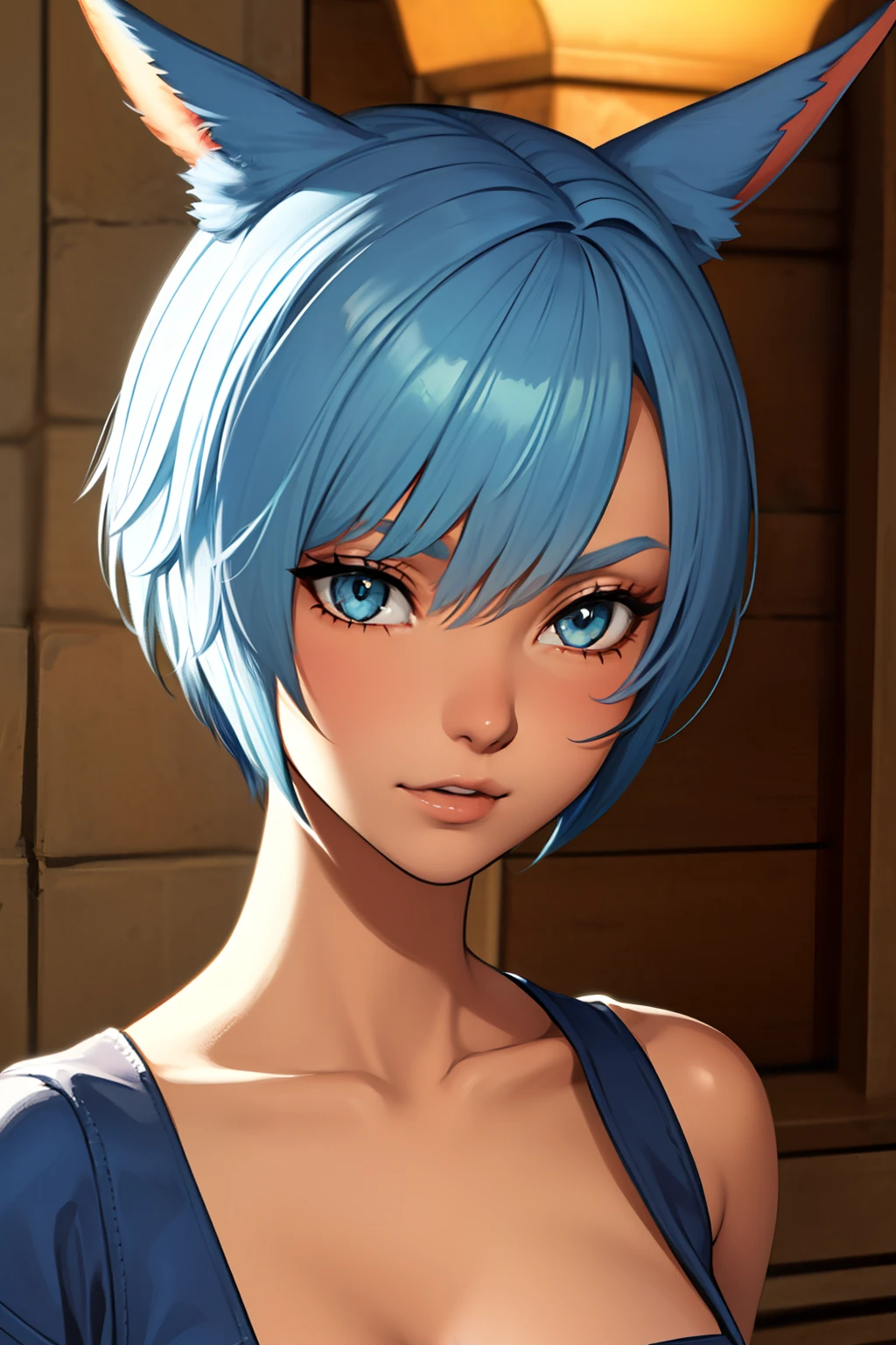 (masutepiece:1.2, Best Quality, Photo Real Stick), 1girl, radhy_shamar \(ffxiv\), (Cool Beauty), pixie cut, Blue hair, cat ears, cat tail:1.2, ((no-human ears:1.2, no-pinted ears:1.2)), light-cyan eyes, middlebreasts, ((woman-hevy-armor)), ((Face Close-up:1.2, Face Focus:1.2, Looking at Viewer, Upper body)), Smile lightly without opening your mouth, fantasy background,