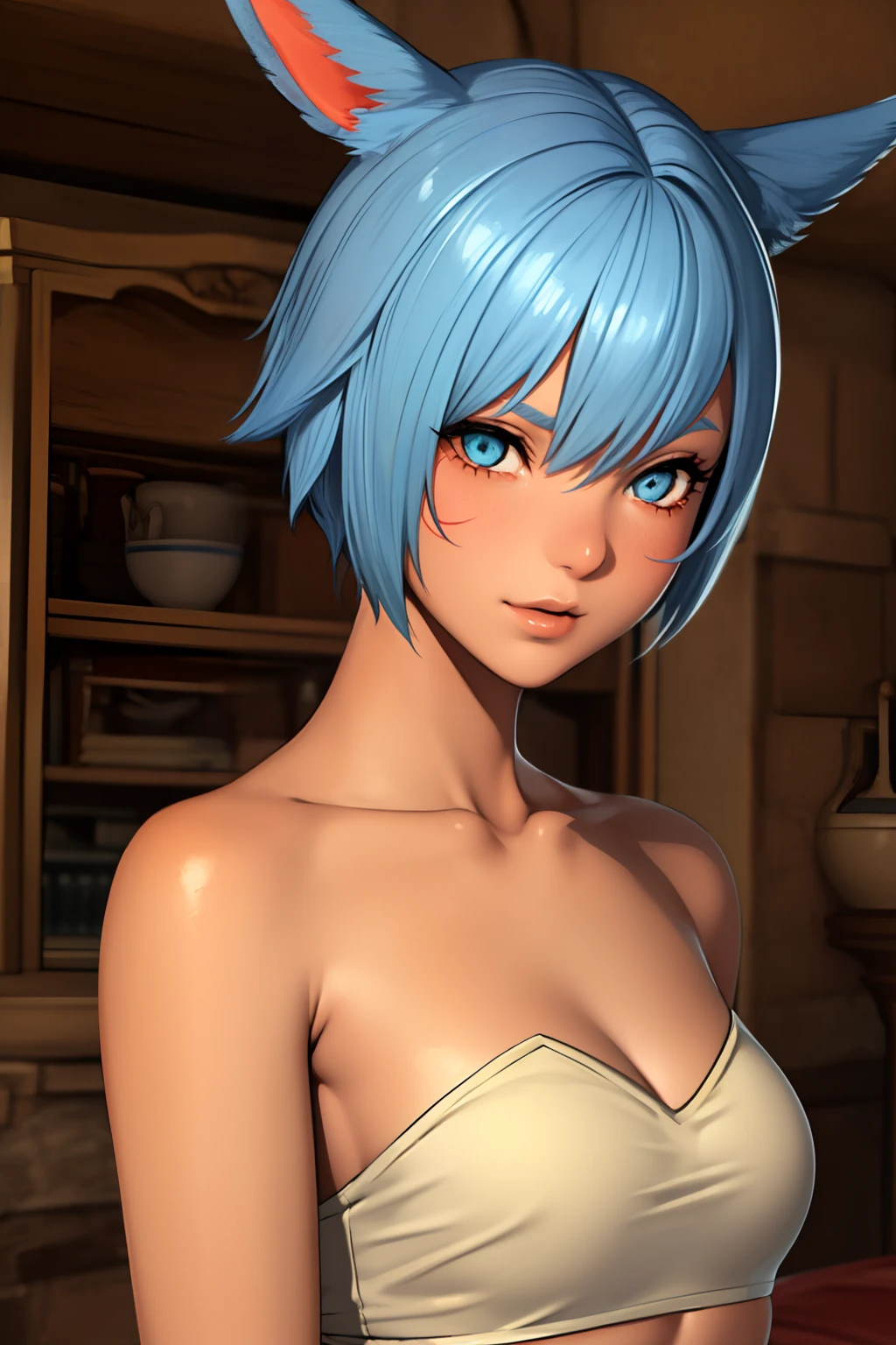 (masutepiece:1.2, Best Quality, Photo Real Stick), 1girl, radhy_shamar \(ffxiv\), (Cool Beauty), pixie cut, Blue hair, cat ears, cat tail:1.2, ((no-human ears:1.2, no-pinted ears:1.2)), light-cyan eyes, middlebreasts, ((woman-hevy-armor)), ((Face Close-up:1.2, Face Focus:1.2, Looking at Viewer, Upper body)), Smile lightly without opening your mouth, fantasy background,