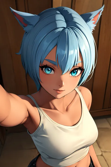 (masutepiece:1.2, Best Quality, Photo Real Stick), 1girl, radhy_shamar, (Cool Beauty), pixie cut, Blue hair that turns green at ...