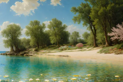 paysage mer, Eau, cocotier, fleurs, (Highly detailed CG Unit 8k wallpaper), The most beautiful work of art in the world, Profess...