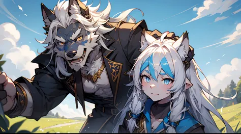 wolf orcs,white hair，golden pupils,the hair on the forehead is light blue，modern day，schoolboy，nowai，meadows and blue sky