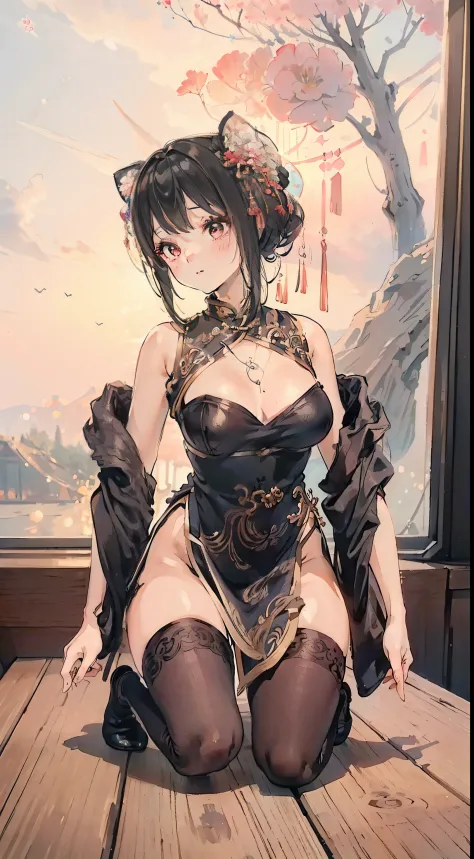 ((Best quality)), ((Masterpiece)), ((Ultra-detailed)), (illustration), (Detailed light), (An extremely delicate and beautiful),A charming young girl,Dramatic perspective,on cheongsam,black over-the-knee socks