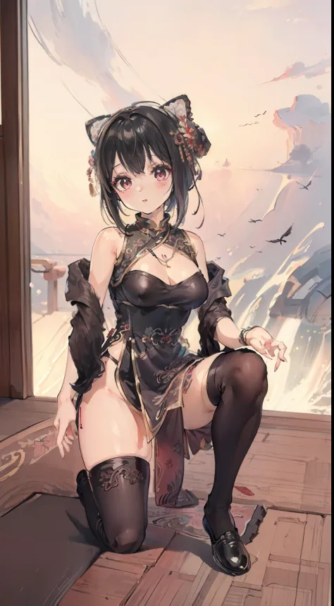 ((Best quality)), ((Masterpiece)), ((Ultra-detailed)), (illustration), (Detailed light), (An extremely delicate and beautiful),A charming young girl,Dramatic perspective,on cheongsam,black over-the-knee socks