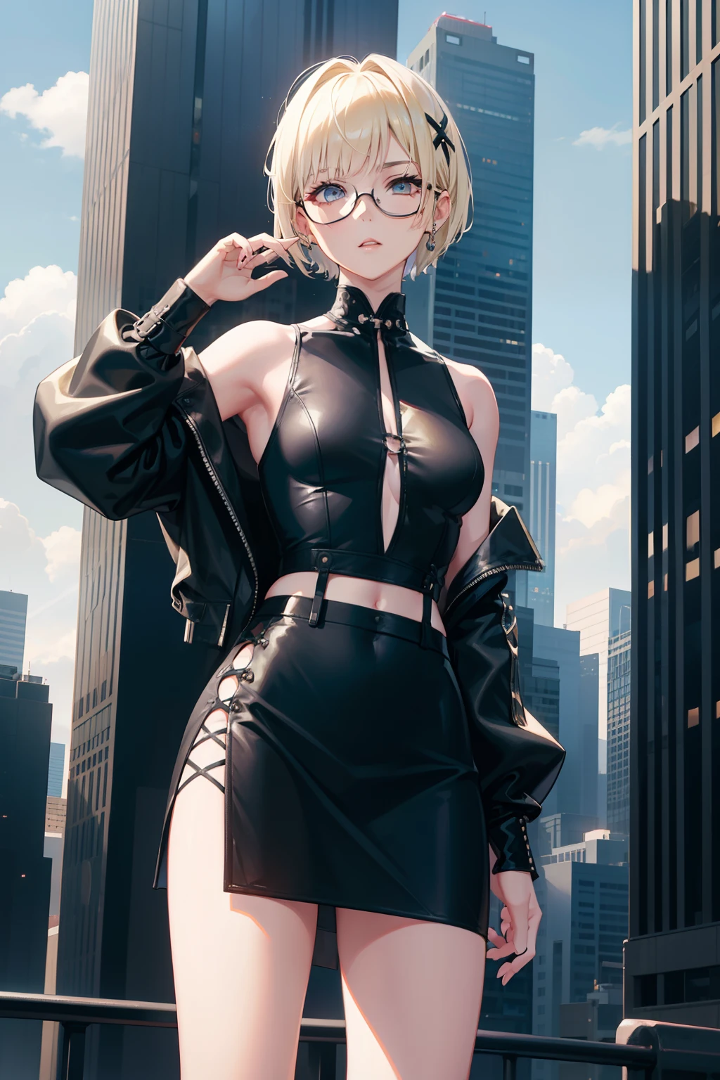 A woman in a black outfit and glasses standing in front of a city - SeaArt  AI