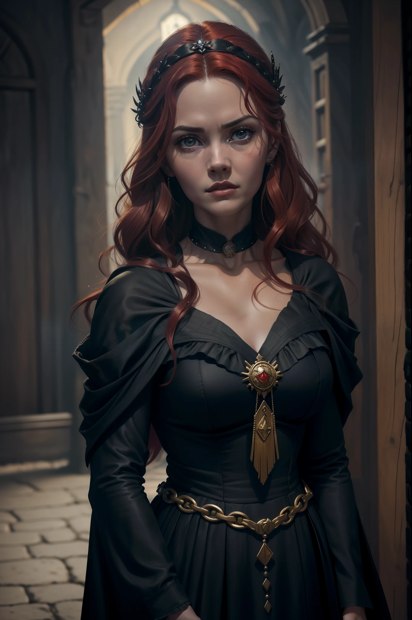 painting of a woman with red curly hair and a choker in a black dress, John Collier art style, maiden with copper hair, style of karol bak, a redhead curly haired woman, portrait of a witch, Non Bowater art style, Directed by: Roberto Lenkiewicz, brom gerald, Albert Lynch, Portrait of actress Kate Winslet, Dave Sim, Red-haired woman in a gloomy palace, black and purple velvet dress using a kokoshnik, luxurious purple dress , head adornment, Lace choker, woman sexy, fleshy lips, bountiful breasts, sculptural body, wearing a black shawl over her shoulders with embroidered purple flowers, wearing a head adornment and jewelry on the neck , woman sexy, seductive bard, mulher de cabelos cacheados e bountiful breasts, Princess with malicious and cruel expression, round and beautiful face, chubby woman, beautiful and fat body, cabelo volumoso e bountiful breasts, cute hair, similar to actress Kate Winslet, pretty, round face malicious look