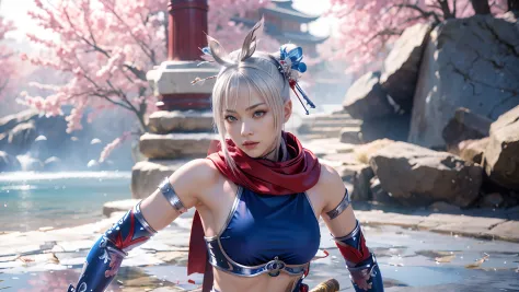 a beautiful woman with silver hair and light blue silver eyes in a red outfit holding a katana sword, fighting game character, a...