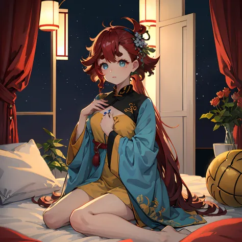 Best Quality、masuter piece、1 girl in、Beautiful woman in han clothes、(Open chest design)、Hair pulled back, Delicately knotted hair、Floral hair ornament、Sareta Mercury, Sparkling cobalt blue eyes, Light brown skin, long red hair with bangs,,,Curly hair, hair...