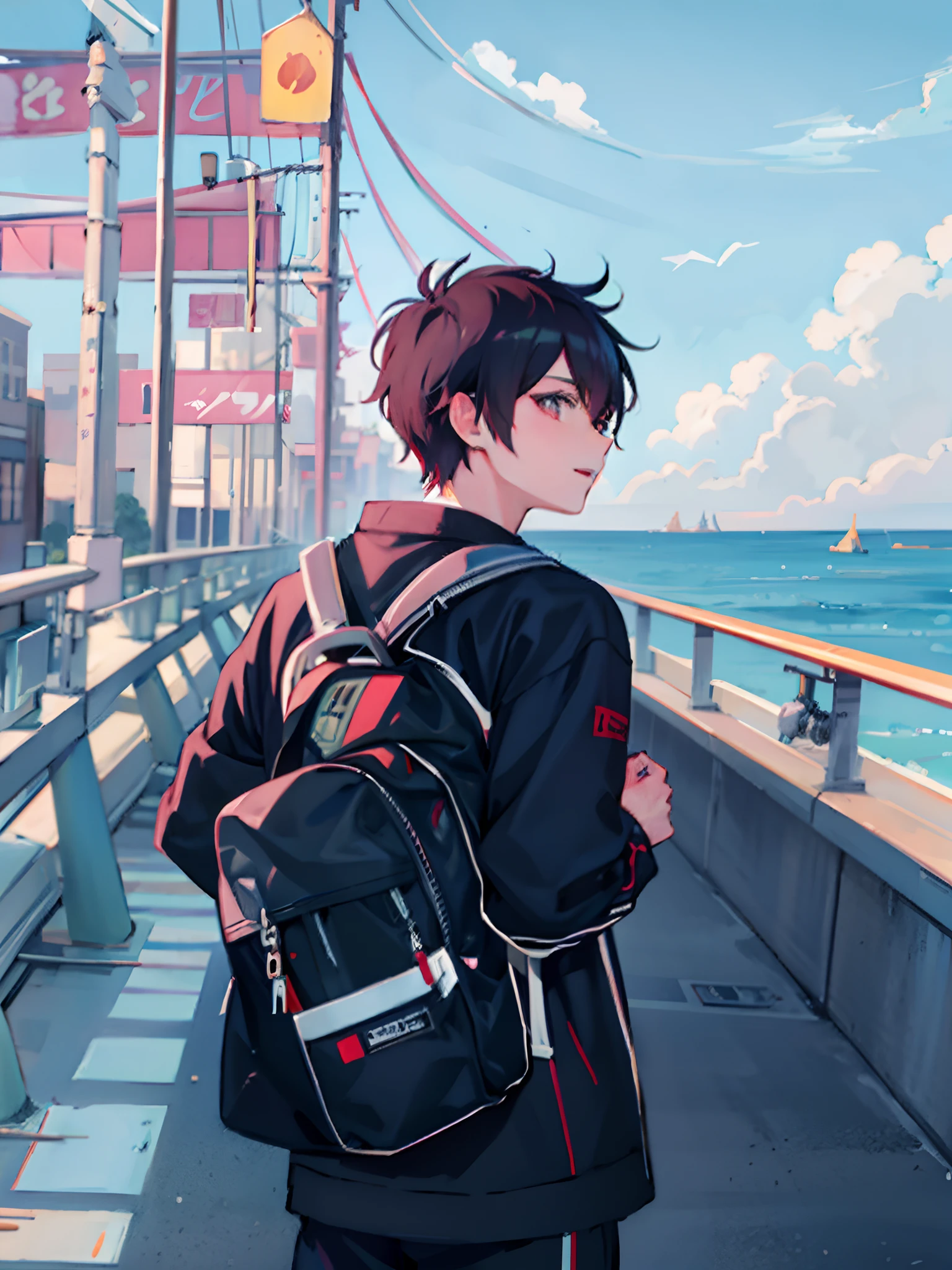 anime boy with backpack lookin - SeaArt AI