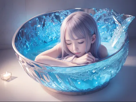 beautiful transfer student from America, sleeping in the bath, crystallineAI, fractal art,