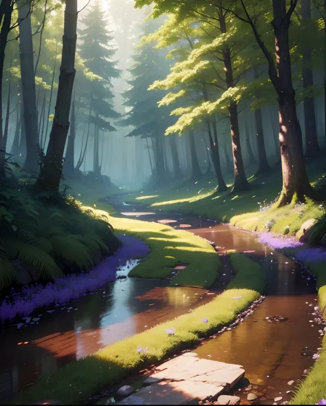 A masterpiece, the best quality, stunning reflections, the best reflections ever. (very detailed CG unity 8k wallpapers), (best quality), (best illustrations), (best shadows), 
a path through a forest filled with purple flowers, surrounded by glowing trees...