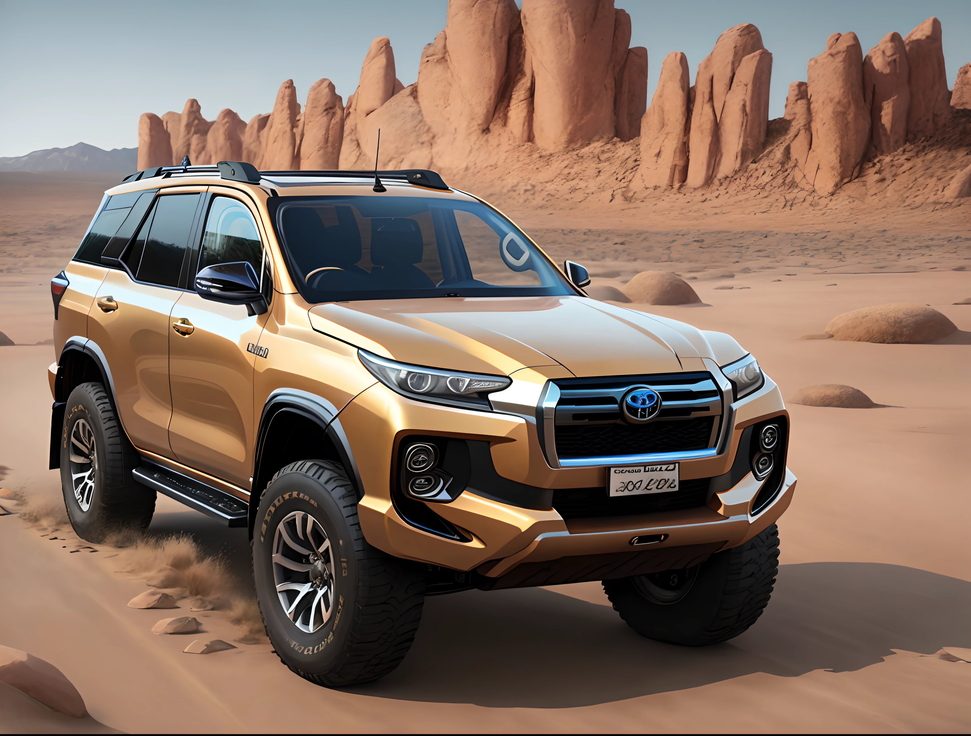 Generate an ultra-realistic 8K image of a fully customized 2023 Toyota Fortuner offroading in a breathtakingly lifelike environment.