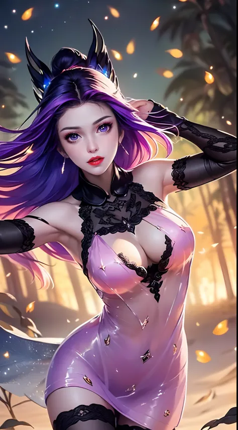 1 beautiful and sexy 20 year old girl, ((Wearing a super invisible red nightgown looks extremely sexy:2)), ((Ultra thin transparent nightgown:2)), ((long purple hair:1.6)), jewelry elaborately made from precious stones and beautiful hair, ((A thin red silk...