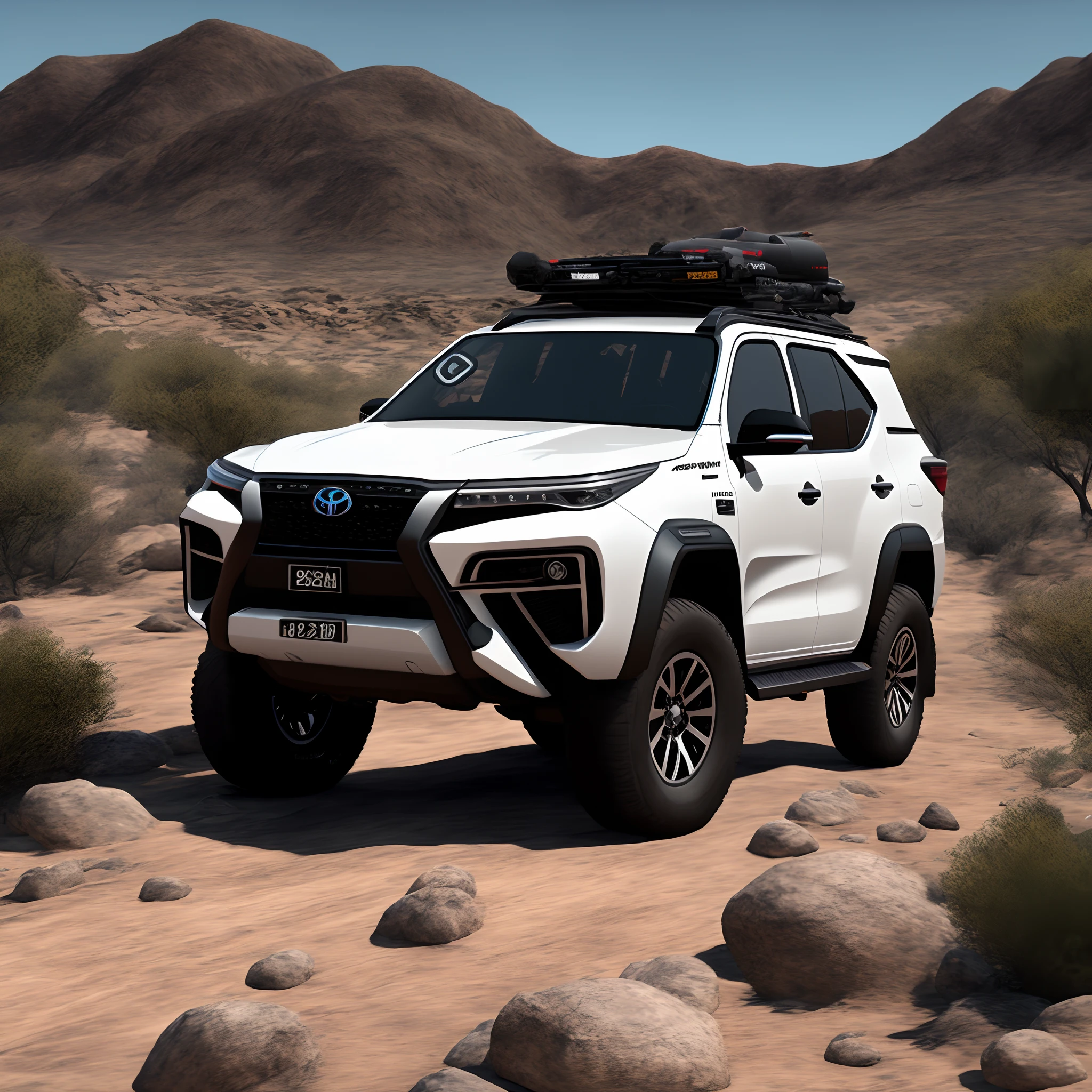 Generate an ultra-realistic 8K image of a fully customized 2023 white color Toyota Fortuner offroading in a breathtakingly lifelike environment.