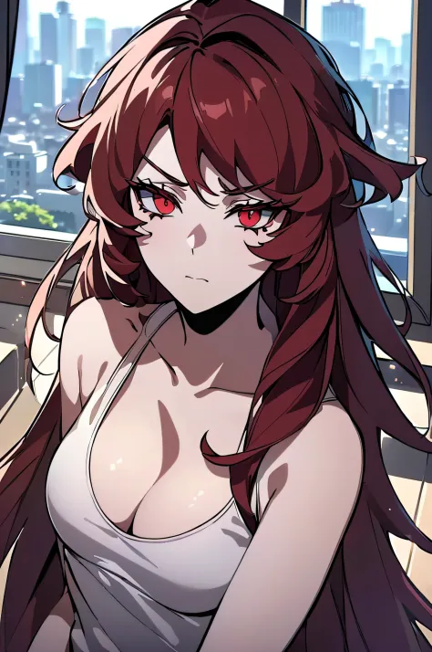 ((masterpiece)), ((ultra-detailed)), ((best quality)), ((intricate details)), ((chromatic aberration)), 1girl, long hair, shy, ((very small breasts)), makeup, black eyeliner, (expressionless, ), looking at viewer,red hair, red eyes, ((white tshirt, cleavag...