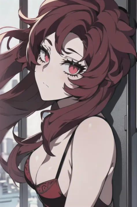 ((masterpiece)), ((ultra-detailed)), ((best quality)), ((intricate details)), ((chromatic aberration)), 1girl, long hair, shy, ((very small breasts)), makeup, black eyeliner, (expressionless, ), looking at viewer,red hair, red eyes, ((tied up, cleavage, be...