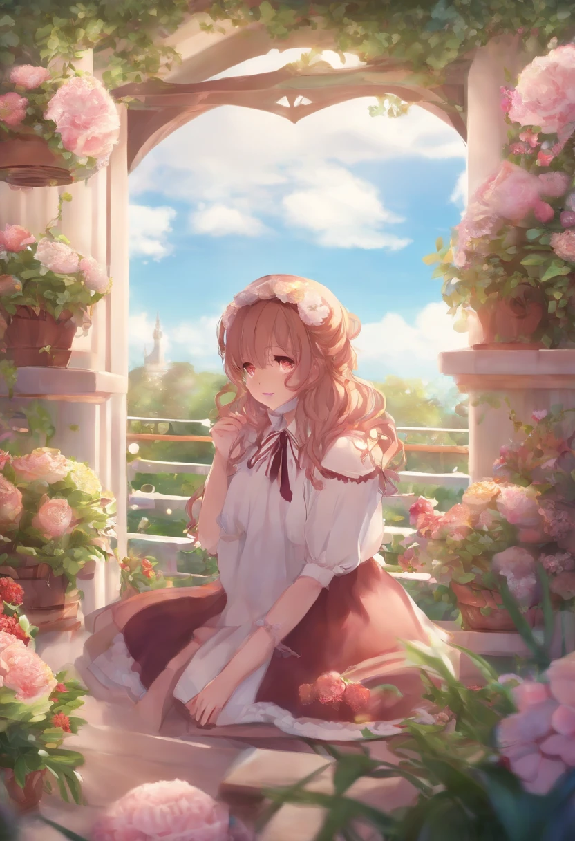 Anime girl sitting on a bench in a garden with flowers - SeaArt AI