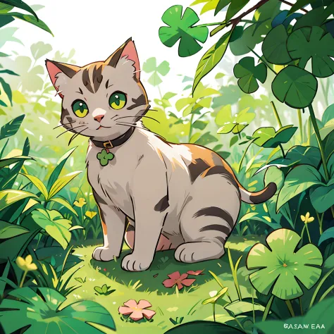 A cat looking for a four-leaf clover