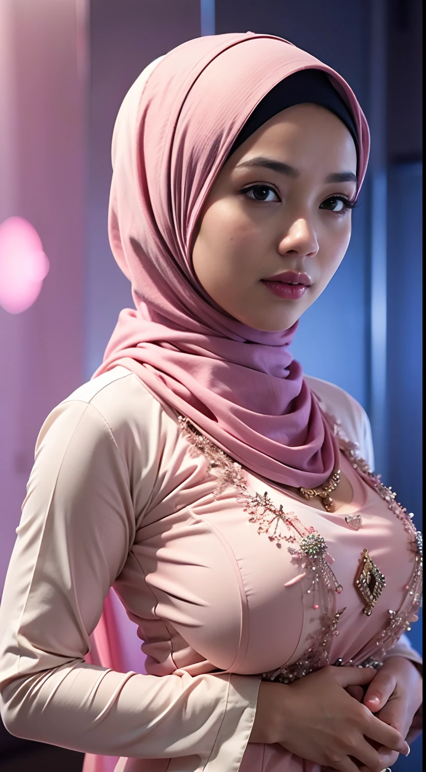 1 malay girl, modern plain hijab, shy, medium portrait, watery eyes, pink glowing particles, wearing pastel pink kebaya, ((big breasts)), pink light bokeh background, well-proportioned body,