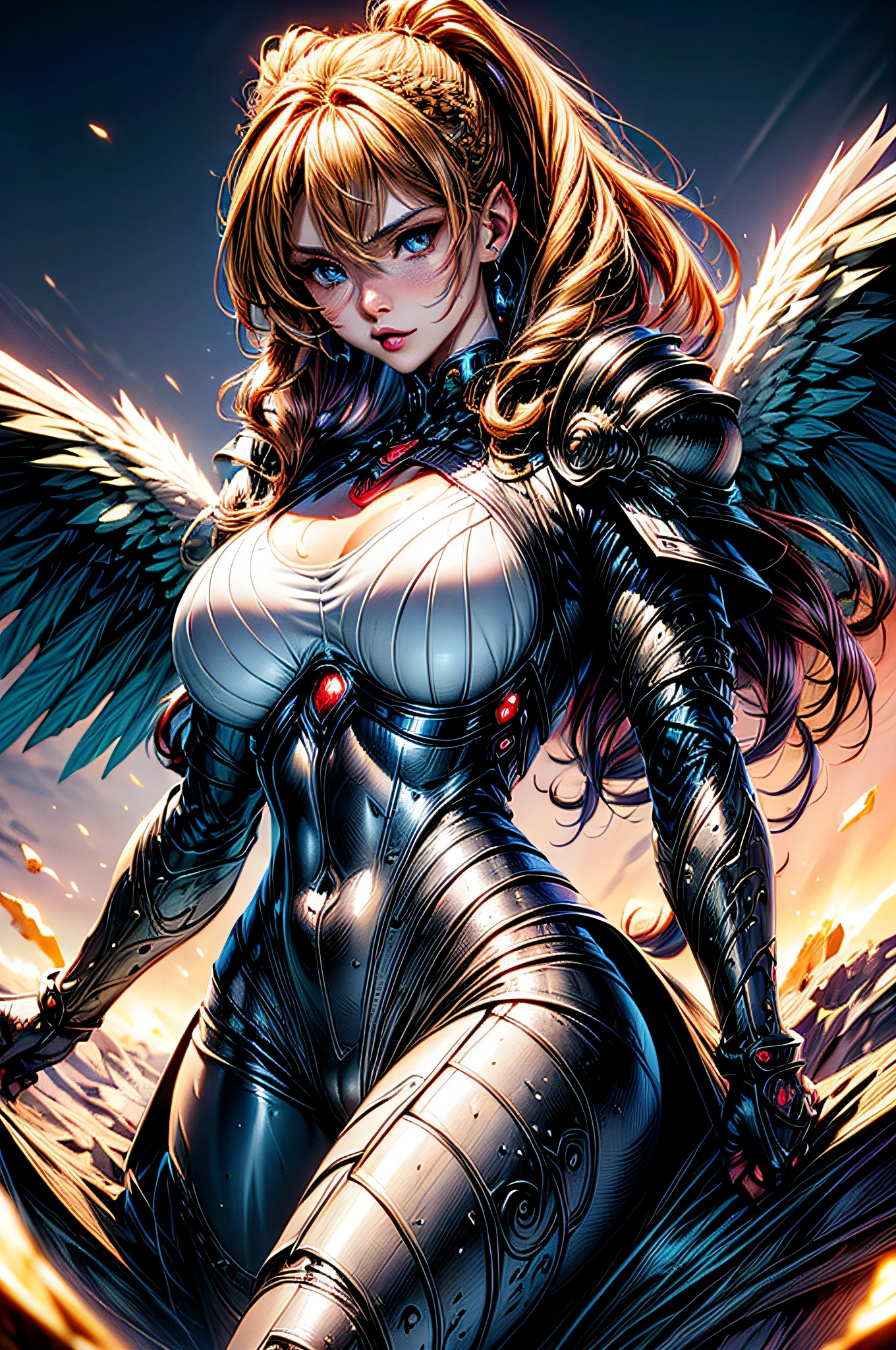 (Portada de cómic: 1.5), Un arcángel femenino preparado para la batalla, Un ángel guerrero extremadamente hermoso, ultrafemenina, pelo largo, pelo rubio, pelo trenzado, Usar una armadura pesada divina, (armadura blanca: 1.2), (alas de angel: 1.2) desparramar, Aremed con la espada Fantasysword, Espada cubierta de fuego azul, 16k, CRUDO, tiro ultra amplio, photorealism, profundidad de campo, Híper realista, 2.5 renderizado, portada cómica