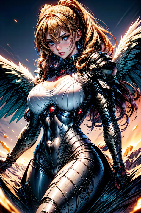 (Comic book cover art: 1.5), an female archangel prepared for battle, an extremally beautiful warrior angel, ultra feminine, lon...