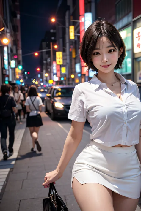 1ultimate beautifull matura woman, light smile, big breasts, short hair, white shirts, mini skirt, Tokyo street, night, cityscap...