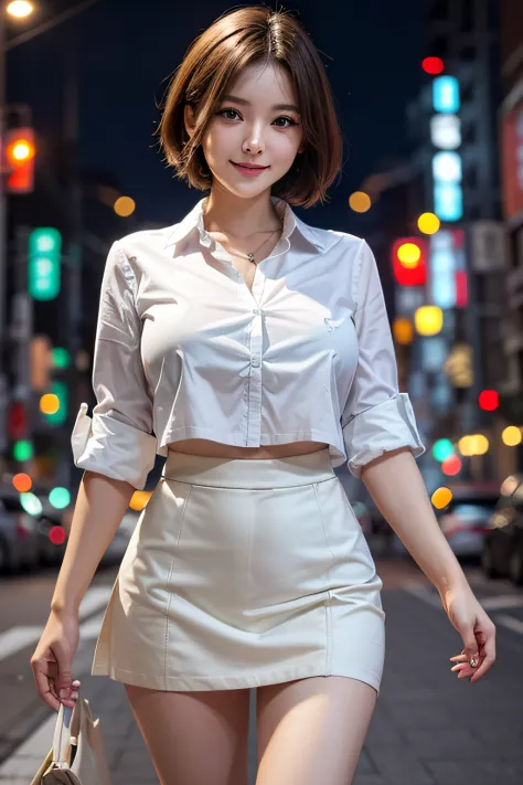 1ultimate beautifull matura woman, light smile, big breasts, short hair, white shirts, mini skirt, Tokyo street, night, cityscap...