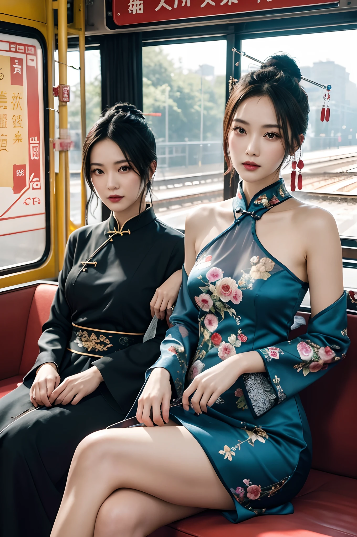 high-level image quality、portrait,Like a shot with an SLR、Sensual body,thighs、slit、Painting a work of art depicting two women in a Reveals translucent traditional cheongsam sitting together,duo,leering:1.3,Chinese hair ornament:1.4,Chinese hairpins:1.4,Chinese hairsticks:1.4,in the railway station,retro train background,The proportions are the same for all races, All faces and pictures must be different, use all spectre of your different emotions from happiness to anger, Perfect composition golden ratio,