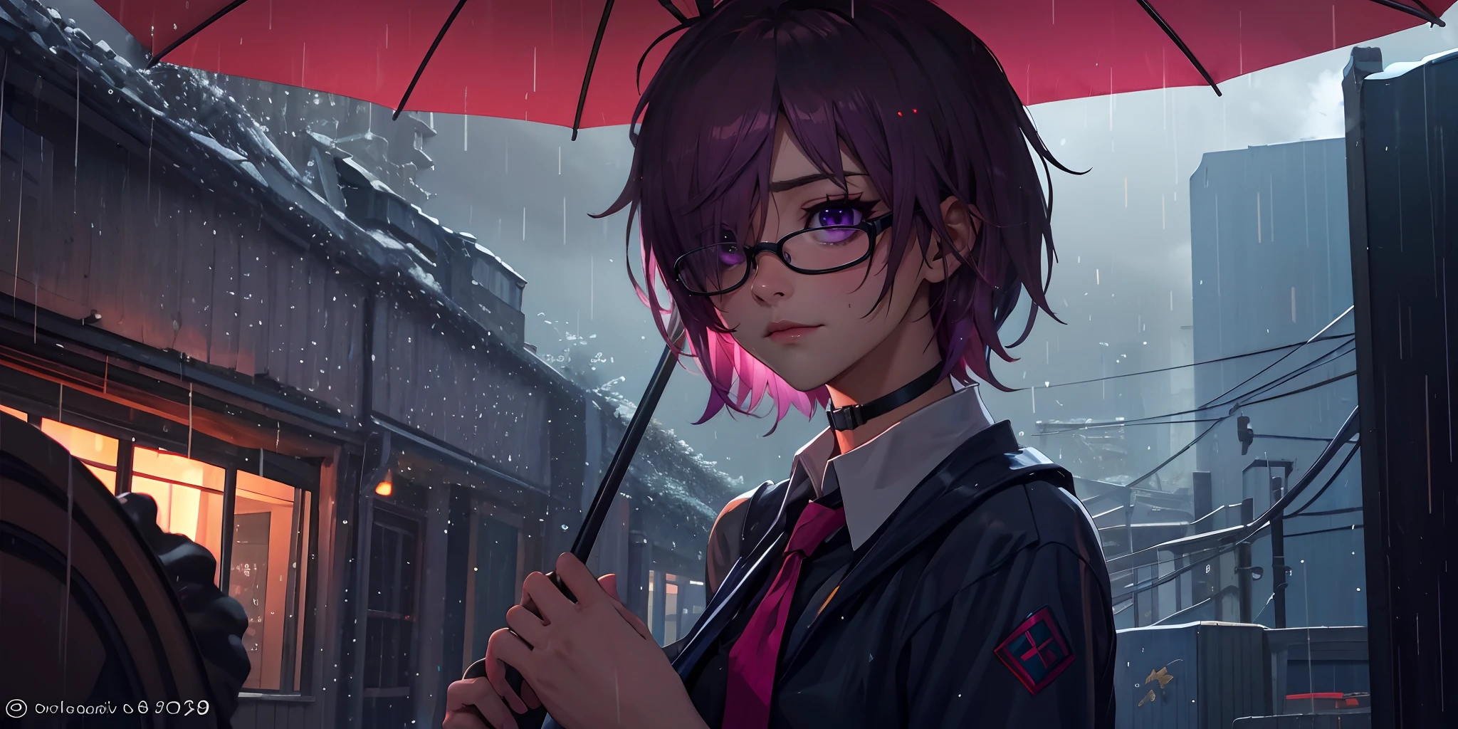 mash kyrielight, (medium hair, pink hair, hair over one eye:1.7), glasses, choker, umbrella, holding_umbrella, rain, red_umbrella,1girl, holding, parasol, solo, looking_at_viewer, outdoors, upper_body, shirt, collared_shirt, black_umbrella, jacket, water_drop, open_clothes, glow effects, godrays, Hand drawn, render, 8k, octane render, cinema 4d, blender, dark, atmospheric 4k ultra detailed, cinematic, Sharp focus, big depth of field, Masterpiece, colors, 3d octane render, 4k, concept art, trending on artstation, hyperrealistic, Vivid colors, extremely detailed CG unity 8k wallpaper, trending on CGSociety, Intricate, High Detail, dramatic