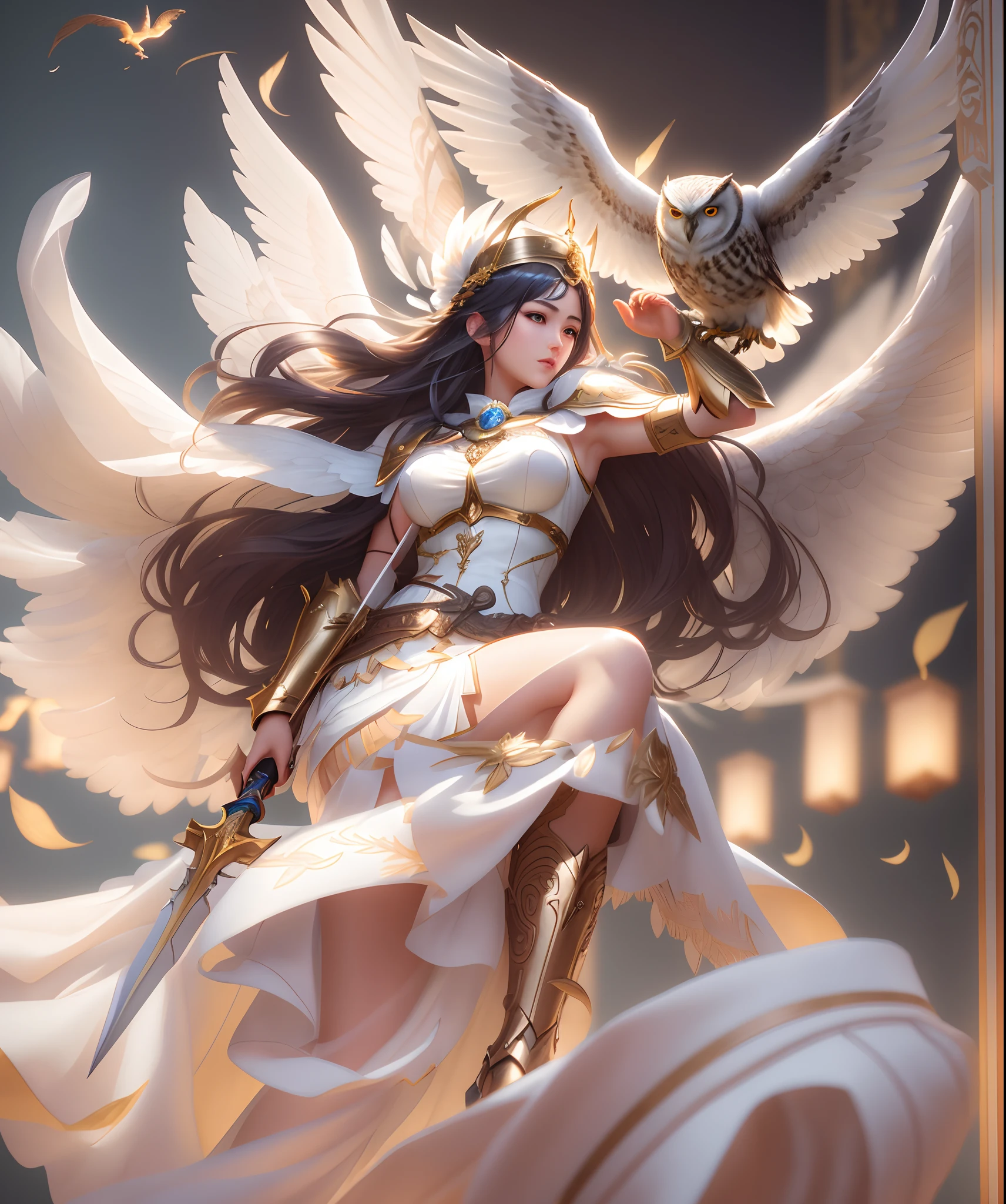 a woman in a white dress holding a sword and a bird, wlop and artgerm, by Yang J, artgerm and ruan jia, wlop art, anime goddess, extremely detailed artgerm, artgerm and wlop, ruan jia and artgerm, aly fell and artgerm, the god athena, greek goddess athena, fullbody portrait of realistic athena goddess with an owl flying above her head, highly detailed, ultra detail, studio shoot, cinematic angle, 85mm prime lens, macro lens, iso 100, f/4, canon eos, canon 5d, --quality 100, --s 5000, --stylise 1250, vibrant details, hyperrealistic, octane render, 8k, best quality