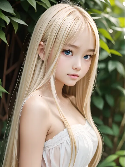 Authentic photo quality、15 year old beautiful girl、Extraordinary sexy beauty、Beautiful white skin、glowy skin、Gentle and cheerful look、Sexy refreshing appearance、Perfect beautiful cute face with long bangs、Super Long Blonde Straight Hair、Hair hanging on bea...