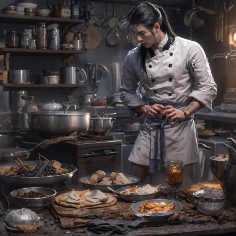 full body male chef 32k（tmasterpiece，k hd，hyper hd，32k）long flowing black hair，camping ruins area，zydink， a color， patriot （废墟），...