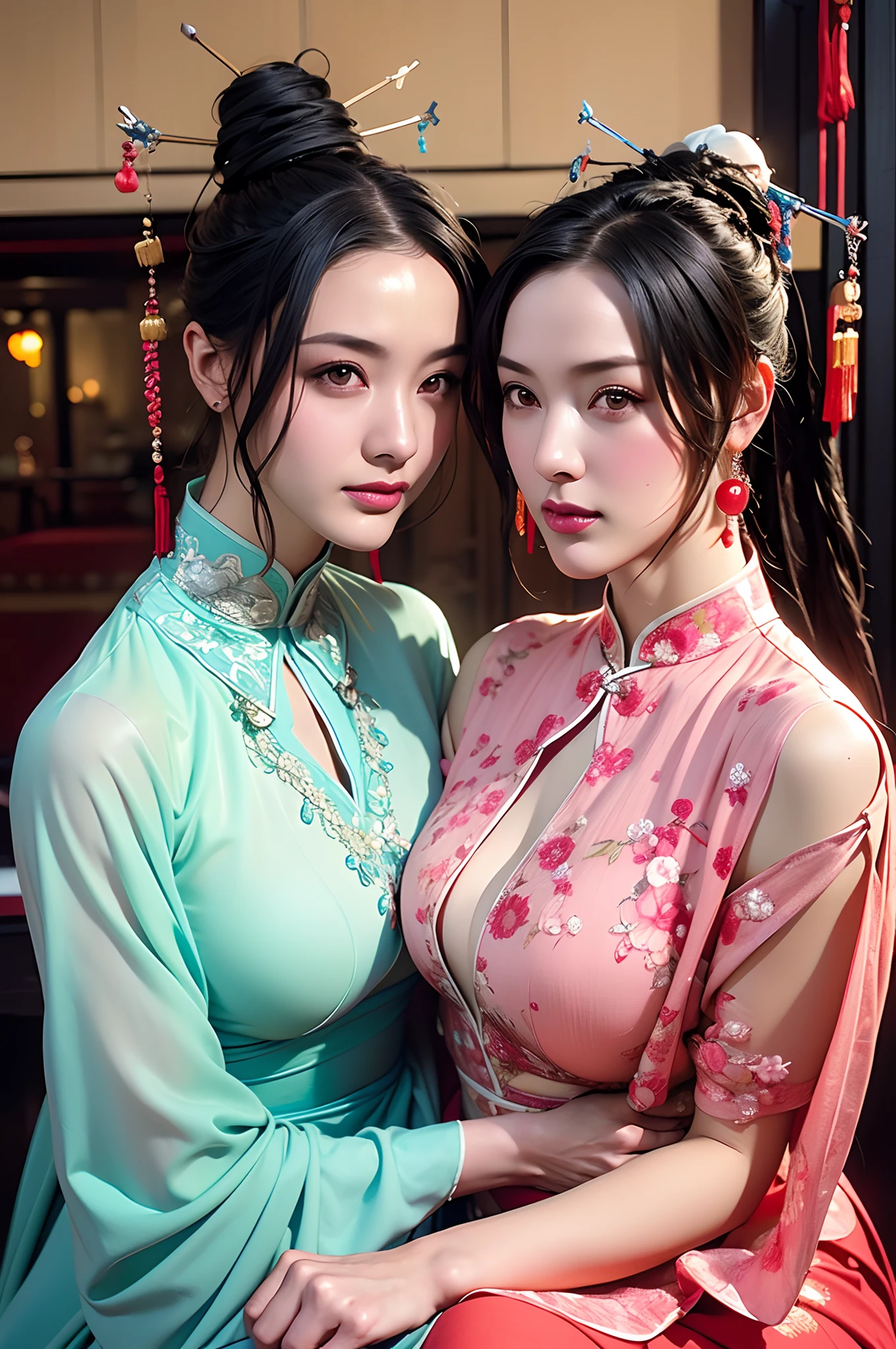 high-level image quality、portrait,Like a shot with an SLR、Sensual body,thighs、slit、Painting a work of art depicting two women in a Reveals translucent traditional cheongsam sitting together:1.5,duo,leering:1.3,Chinese hair ornament:1.4,Chinese hairpins:1.4,Chinese hairsticks:1.4,in the railway station,retro train background,The proportions are the same for all races, All faces and pictures must be different, use all spectre of your different emotions from happiness to anger, Perfect composition golden ratio,