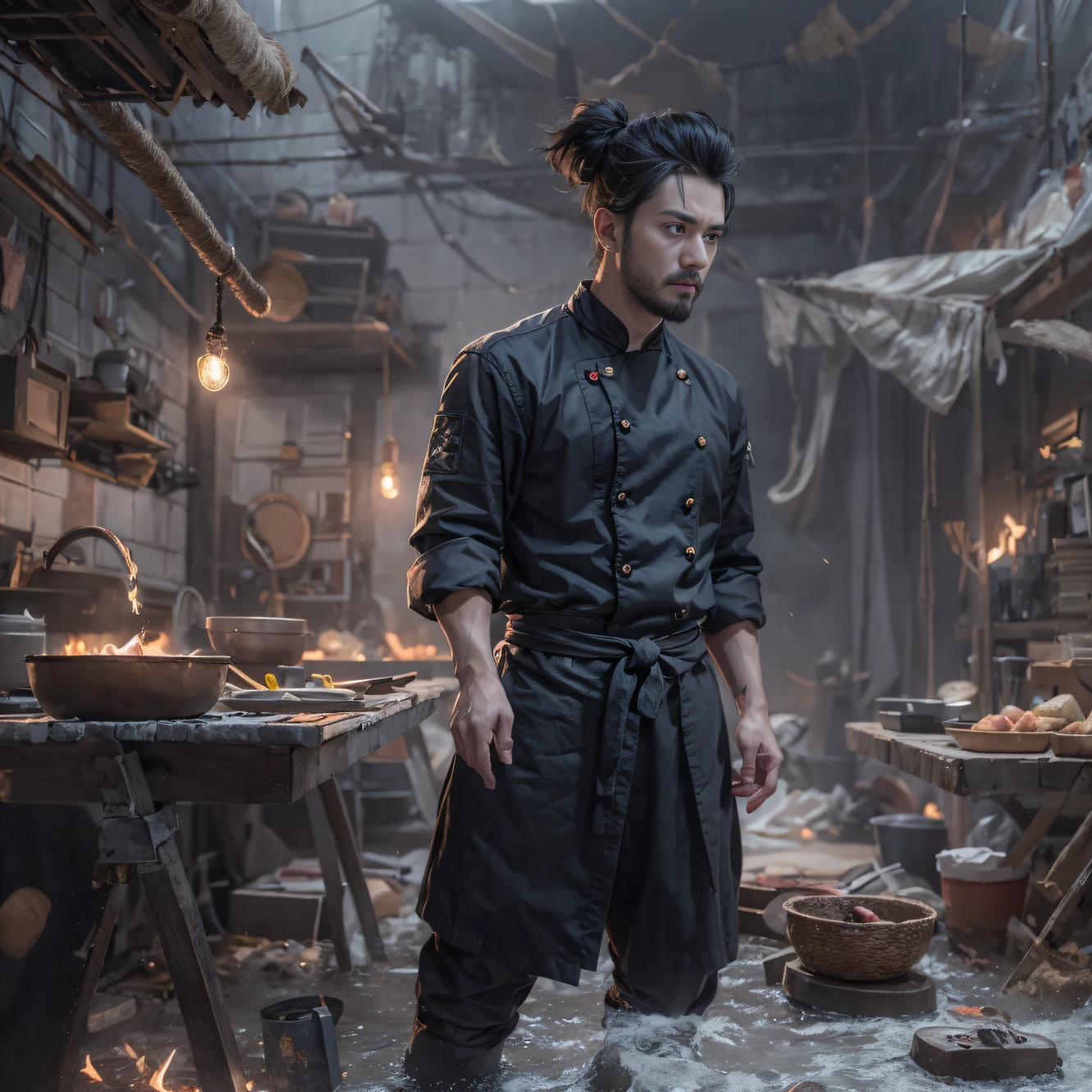 Full body male chef 32K（tmasterpiece，k hd，hyper HD，32K）Long flowing black hair，Camping ruins area，zydink， a color， patriot （废墟）， （Linen batik scarf）， Angry fighting stance， looking at the ground， Linen bandana， Chinese python pattern long-sleeved garment， （Abstract gouache splash：1.2）， Dark clouds lightning background，Flour flies（realisticlying：1.4），Black color hair，Flour fluttering，Background fog， A high resolution， the detail， RAW photogr， Sharp Re， Nikon D850 Film Stock Photo by Jefferies Lee 4 Kodak Portra 400 Camera F1.6 shots, Rich colors, ultra-realistic vivid textures, Dramatic lighting, Unreal Engine Art Station Trend, cinestir 800，Flowing black hair,（（（Male chef））），irate，